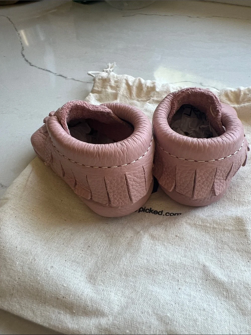 Freshly Picked Blush Pink Leather Zion Fringe Baby Moccasins